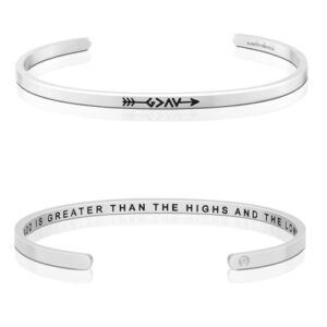 MantraBand Pulseiras - GOD IS GREATER THAN THE HIGHS AND THE LOWS - Pulseira de mantra ajustável gravada inspiradora - presentes para mulheres, One Size, Aço inoxidável, Sem Pedra Preciosa (CDs)