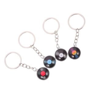 Conjunto de 4 chaveiros de metal retrô com disco de vinil vintage, ornamento atemporal para homens e mulheres, acessórios pretos resistentes para uso diário e (Discos de Vinil)