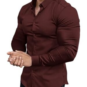 whox Camisa social masculina de manga comprida com botões e colarinho de trabalho slim fit stretch, Vinho tinto, M (Vinhos)