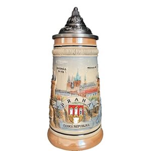 Caneca de cerveja alemã emblema do castelo de Praga Oktoberfest canecas com tampa presentes de Páscoa para homens, pai, melhor amigo, entusiasta de cerveja, lembranças colecionáveis gravadas à mão (Cervejas)