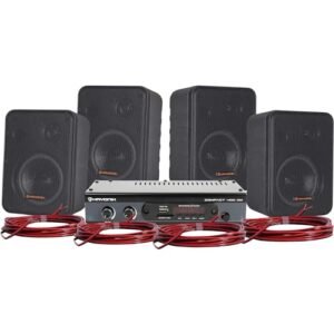 HAYONIK, Kit de Som Ambiente, 400W, 4 Caixas Pretas, 1 Amplificador e Cabos para Ligação, Entrada Óptica, USB, Cartão SD, Entrada Auxiliar, Entrada P/Mic, Bluetooth, Rádio FM - AMBIENCE 4000 V2 (Equipamentos)