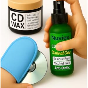 Conjunto de limpeza de CD e DVD – Kit completo de cuidados inclui fluido de solução de limpeza natural, luva de toalha de microfibra e cera de disco antiestática premium (CDs)