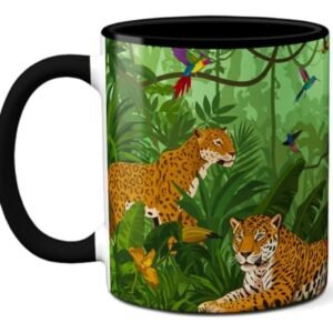 Caneca Onça Pintada Arara Tucano Fauna Brasileira Xícara (Preta) (Café)