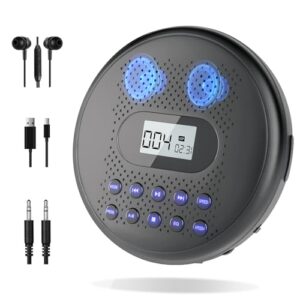Leitor de CD portátil com alto-falantes estéreo duplos ARAFUNA, leitor de CD recarregável para carro, proteção anti-salto, leitor de CD com botão retroiluminado e visor LCD, cabo AUX de 3,5 mm (CDs)