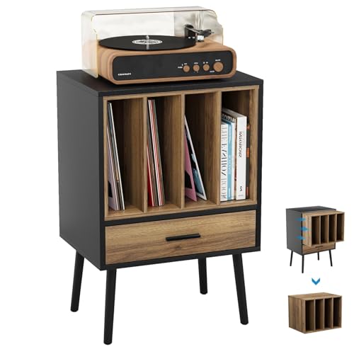 Semiocthome Suporte para toca-discos com caixa de armazenamento de vinil, mesa de toca-discos com gaveta e pernas de madeira maciça, mesa lateral para toca-discos para sala de estar e quarto (Equipamentos)