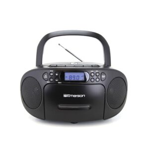 Emerson - Leitor de CD portátil com leitor de cassete, gravador de fita, rádio AM/FM, AUX, conector para auriculares, altifalantes duplos, AC/DC e funciona com pilhas, sistema estéreo para (CDs)
