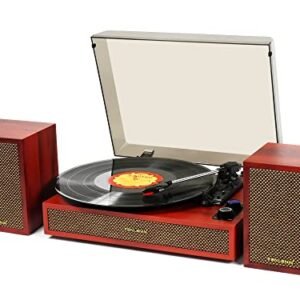 Leitor de disco de vinil Bluetooth com alto-falantes externos, 3 velocidades de transmissão de correia giratória para vinil, reprodutor de discos vintage com alto-falantes estéreo e parada automática, saída de áudio RCA e entrada auxiliar, vermelho (Equipamentos)