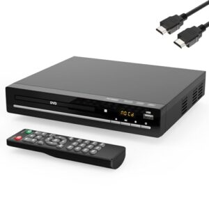 Leitor de DVD HD para TV com HDMI, sem região, leitor de CD para casa, reproduz todas as regiões e formatos, mini leitor de DVD com cabos USB, controle remoto, HDMI e RCA incluídos (DVD-003) (CDs)