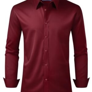 Alimens & Gentle Camisa social masculina, modelagem regular, elástica, proteção contra manchas, manga comprida, lisa, para casamentos, camisas de botão, Vinho tinto, XGG (Vinhos)