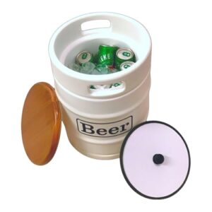 Banco Cooler Barril 28L Branco – Assento de Madeira, Tampa, Térmico c/Gelo, Porta Bebidas para Área Gourmet, Churrasco e Decoração (Cervejas)