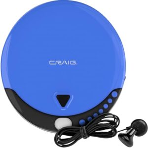 Craig Leitor de CD pessoal CD2808-BL com fones de ouvido em azul e preto | Leitor de CD portátil e programável | Compatível com CD/CD-R | Modos de reprodução aleatórios e repetidos | (CDs)
