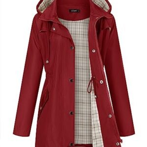 LOMON Casaco de chuva feminino impermeável para caminhadas ao ar livre, jaqueta de chuva forrada com capuz leve, Vinho tinto 1, G (Vinhos)