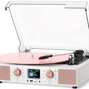 Toca-discos de vinil com alto-falantes embutidos, toca-discos Bluetooth vintage de 3 velocidades com gravação USB, visor LCD, relógio, conectores RCA/fone de ouvido/AUX, leitor de LP acionado por (Equipamentos)