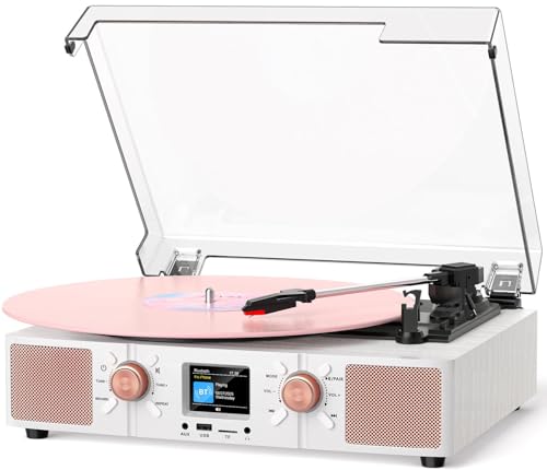 Toca-discos de vinil com alto-falantes embutidos, toca-discos Bluetooth vintage de 3 velocidades com gravação USB, visor LCD, relógio, conectores RCA/fone de ouvido/AUX, leitor de LP acionado por (Equipamentos)