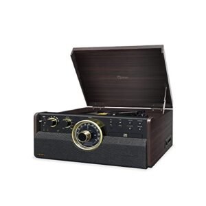 Raveo Vitrola Vanguard Maple com Toca discos de 3 velocidades, Rádio FM, CD e Cassete players, USB (reproduz e grava), entrada e saída auxiliares e tecnologia de conexão Bluetooth, Grande (CDs)