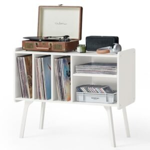Lerliuo Suporte para toca-discos com 4 gabinetes para até 220 álbuns, suporte grande para toca-discos com pernas de madeira de faia, mesa de toca-discos de meados do século, suporte de vinil branco prateleira de armazenamento para quarto sala de estar (Equipamentos)