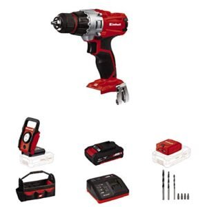 Einhell TE-CD Power X-Change 18-Volt Cordless 1250-RPM MAX 2-Speed 20+1-Torque Setting Workshop Drill/Driver Kit, com bolsa de ferramentas, lâmpada LED, brocas, mandril sem chave, kit (bateria de 1,5 (CDs)