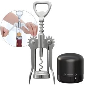 Kit Abridor de Vinho Saca Rolha Inoxidável Premium e Tampa de Vedação a Vácuo Reutilizável Ideal para Garrafas de Vinho Champanhe Espumante e Ideal para Conservar o Sabor (Vinhos)