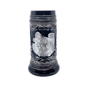 1 litro | OktoberfestHaus Oktoberfest Stein Bier Krug Caneca de cerâmica preta carvão com medalhão de metal de cavalos e vagões alemães Lembrança Oktoberfest e caneca de cerveja Oktoberfest (Cervejas)