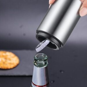 Abridor de garrafa de cerveja automático premium (prata), 1 peça de aço inoxidável, abridor de garrafa de cerveja automático sem danos com apanhador magnético de tampa, bar doméstico, cozinha, homem (Cervejas)
