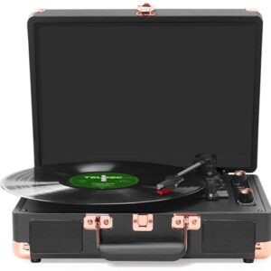 VEDO Toca-Discos Portátil com Bluetooth, Alto-Falante, 3 Velocidades (33/45/78 RPM), Design Retrô de Maleta, Compatível com LPs 7/10/12", Controle de Graves, AUX, RCA, Parada Automática (Discos de Vinil)