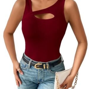 Regata feminina sexy com corte assimétrico, gola assimétrica, sem mangas, Vinho tinto, P (Vinhos)