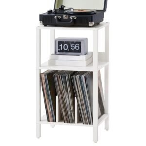 LELELINKY Suporte para toca-discos, mesa de canto de 3 camadas com armazenamento de vinil de até 100 álbuns, suporte de vinil para discos, prateleira de exibição multifuncional branca para sala de (Equipamentos)