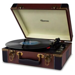 Raveo Toca-Discos Vinil Retrô com Bluetooth, Design Maleta Vintage, Marrom (Discos de Vinil)