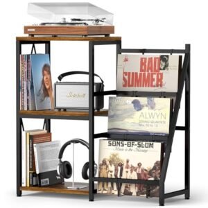 Y&M Suporte para toca-discos de 3 níveis com armazenamento de discos de vinil, comporta até 200 álbuns, suporte para toca-discos com armazenamento de álbuns, prateleira de disco para CD, mesa de canto (Equipamentos)