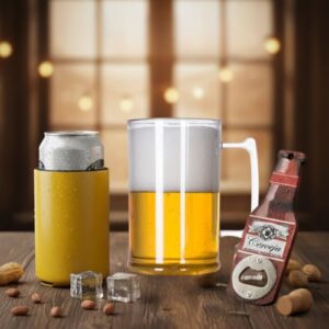 1 Abridor de Garrafa + 1 Caneca Chopp 500ml Acrílico + 1 Porta Latão Térmico - Kit Happy Hour | Presente Criativo | Amantes de Cerveja | Amigo Secreto | Presente Masculino | (Cervejas)