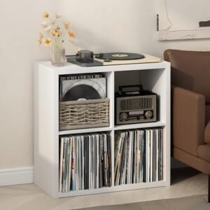 Furinno Suporte para toca-discos de cubículo com armazenamento de vinil, 4 cubos 1,2 armazenamento de discos de vinil extra grosso, prateleira de mídia aberta para CD DVD Blueray Game Disc, para sala (Equipamentos)