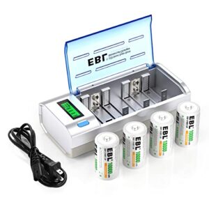 EBL D Cells 10000mAh Rechargeable Batteries (4 Counts) with C D 9V AA AAA Battery Charger (CDs)
