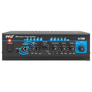 Home Audio Power Amplifier System - 2X120W Mini Dual Channel Mixer Sound Stereo Receiver Box w/RCA, AUX, Mic Input - For Amplified Speakers, PA, CD Player, Theater, Studio Use - Pyle PTA4 Black (CDs)
