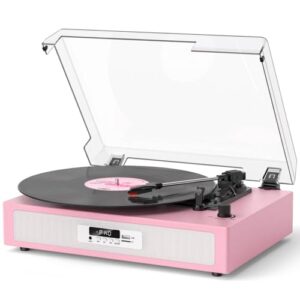 TANLANIN Toca-discos Bluetooth com alto-falantes, toca-discos de vinil de 3 velocidades com RCA/AUX/USB/TF, modos de som EQ, visor LED e capa contra poeira – Leitor de vinil rosa elegante, presente (Equipamentos)