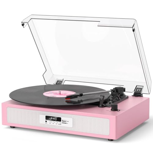 TANLANIN Toca-discos Bluetooth com alto-falantes, toca-discos de vinil de 3 velocidades com RCA/AUX/USB/TF, modos de som EQ, visor LED e capa contra poeira – Leitor de vinil rosa elegante, presente (Equipamentos)