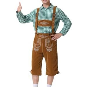 GRAJTCIN Conjunto de fantasia masculina tradicional alemã bávara Oktoberfest para Halloween e festival de cerveja Oktoberfest, Camisa verde e Lederhosen marrom (Cervejas)