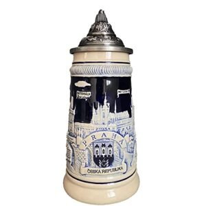 Caneca de cerveja alemã emblema do castelo de Praga Oktoberfest canecas com tampa presentes de Páscoa para homens, pai, melhor amigo, entusiasta de cerveja, lembranças colecionáveis gravadas à mão (Cervejas)