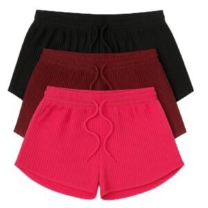 Shorts Femininos Cintura Alta, Conjunto 3 Peças, Preto, Vinho e Rosa, Tecido Canelado, Cordão Ajustável, Casual e Esportivo (BR, Numérico, 52, 50, Regular, Regular, Plus size, Preto-Vinho-Pink) (Vinhos)
