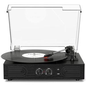 Leitor de discos de vinil com alto-falantes embutidos, toca-discos vintage de 3 velocidades, suporte para controle de agudos e graves, conector de fone de ouvido de 3,5 mm, saída RCA/entrada auxiliar (Equipamentos)