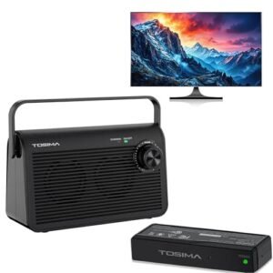 Alto-falante de TV sem fio com bateria recarregável de 1000 mAh, transmissor RF de 2,4 G, alcance de 30,5 m e destaque de voz – ideal para deficientes auditivos, idosos e idosos (CDs)