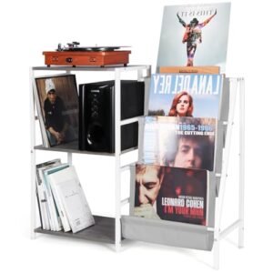 HYCFYJR Suporte para toca-discos, armazenamento de discos de vinil de 3 níveis, suporte de toca-discos com suporte para tocar, exibição de vinil para sala de estar, cinza e branco (Equipamentos)