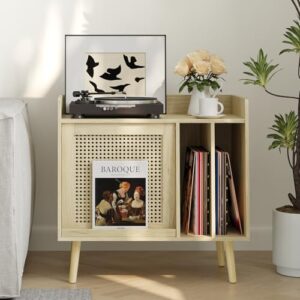 Semiocthome Suporte para toca-discos com armazenamento de vinil, mesa lateral com pernas de madeira (Equipamentos)