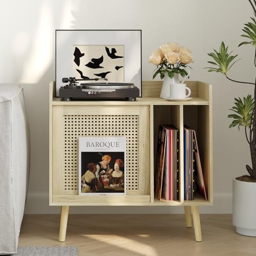 Semiocthome Suporte para toca-discos com armazenamento de vinil, mesa lateral com pernas de madeira (Equipamentos)