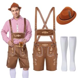 Conjunto de fantasia masculina da Oktoberfest da Oktoberfest da Lederhosen, conjunto de fantasia bávara alemã com chapéu alpino de cerveja para o festival de outubro (marrom, 2GG) (Cervejas)