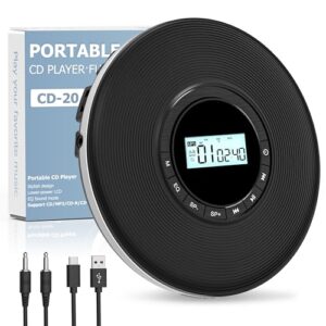 Sunoony Leitor de CD Walkman, leitor de CD portátil para carro, leitor de CD Disman pessoal com conector de fone de ouvido, visor LCD, anti-salto, cabo auxiliar/slot TF, 2 pilhas AA ou fonte tipo C (CDs)