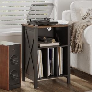 ChooChoo Suporte para toca-discos com armazenamento de vinil, suporte para toca-discos com estação de carregamento, armário de armazenamento de discos, mesa lateral para sala de estar, quarto, preto (Equipamentos)