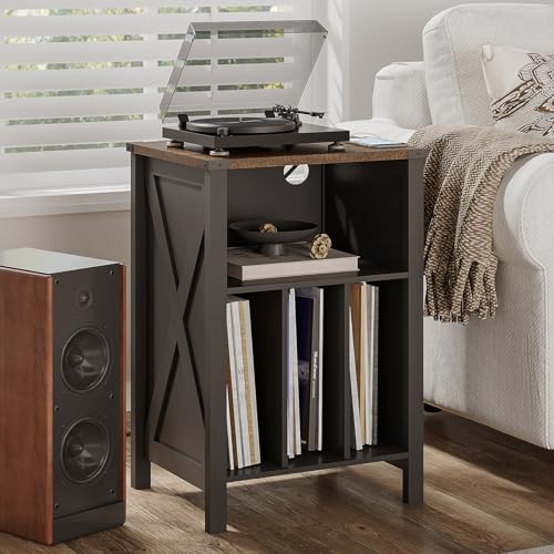 ChooChoo Suporte para toca-discos com armazenamento de vinil, suporte para toca-discos com estação de carregamento, armário de armazenamento de discos, mesa lateral para sala de estar, quarto, preto (Equipamentos)