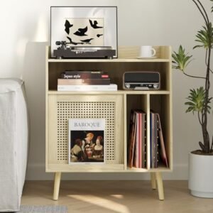 Semiocthome Suporte para toca-discos com armazenamento de vinil, mesa de toca-discos com prateleira de armazenamento, suporte para toca-discos com porta de armário de vime, mesa lateral com pernas de (Equipamentos)