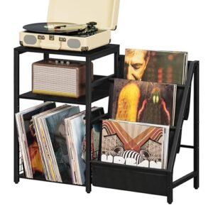 LELELINKY Mesa Final Preta, Suporte para Toca-Discos com Armazenamento de Vinil, Mesa Lateral de 3 Camadas com Prateleira de Exibição para Armazenamento de Até 150 Álbuns, Armário Industrial Grande Pa (Equipamentos)