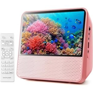 Leitor de DVD CD Bluetooth Portátil de 9,8 polegadas com 7'' Tela digital HD 1024 x 600, som Estéreo Hi-Fi, Sincronização de TV, Recarregável de 4000 mAh (Rosa) (CDs)